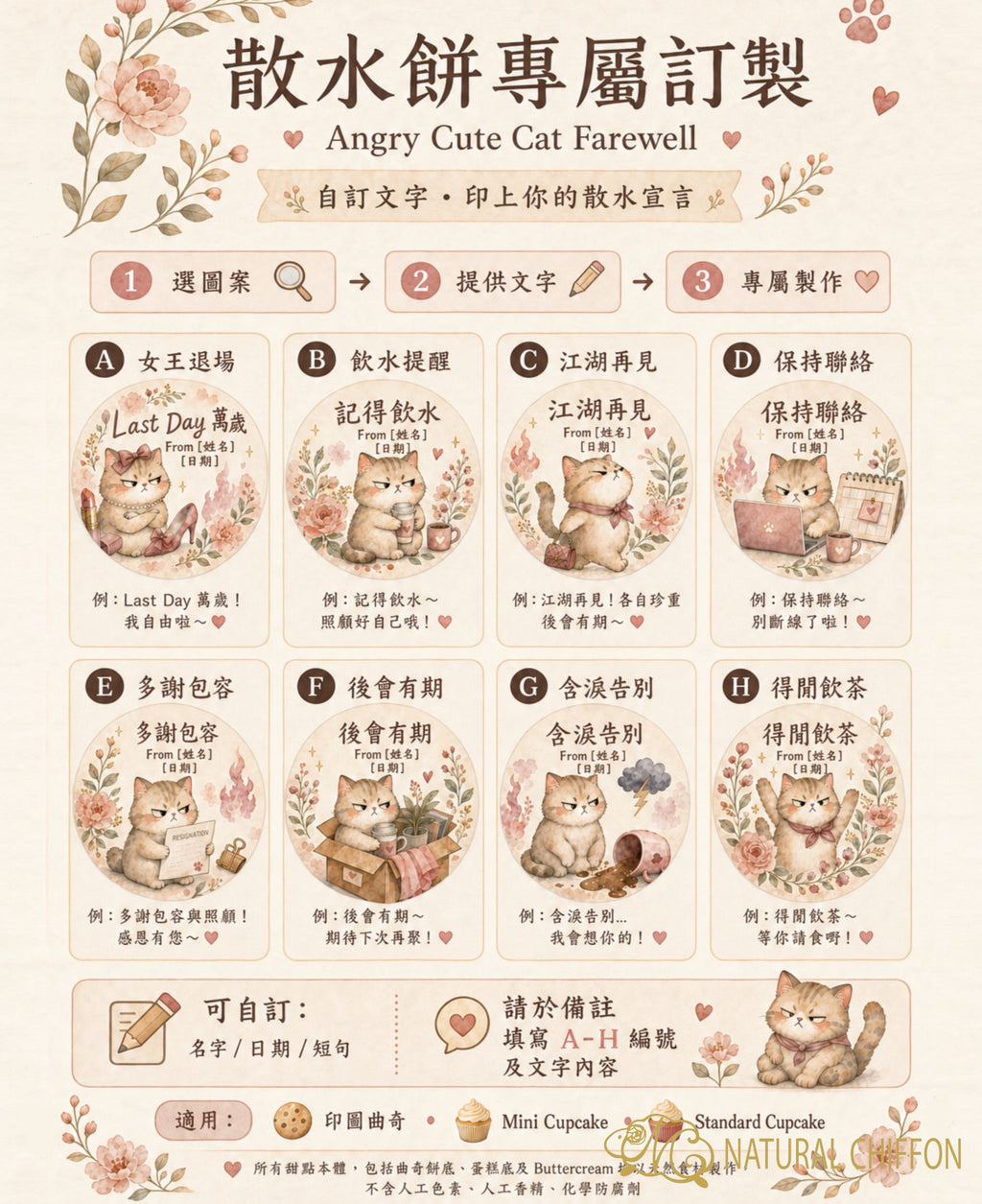 Angry Cute Cat Farewell｜趣怪貓咪散水・8款設計・可改文字