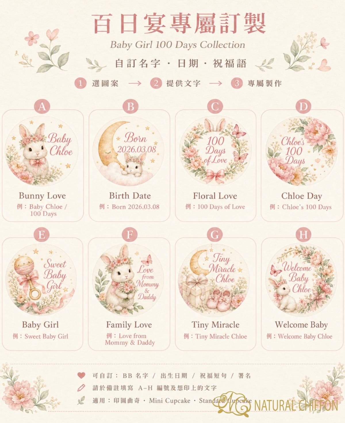 Baby Girl 100 Days｜女寶寶百日宴・8款設計・可改文字