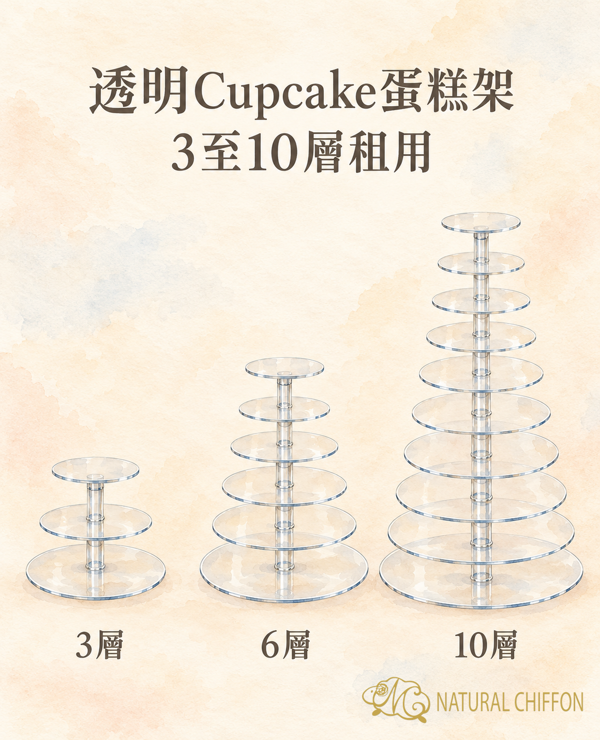 透明Cupcake蛋糕架3至10層租用｜3層、6層及10層透明圓板架水彩示意