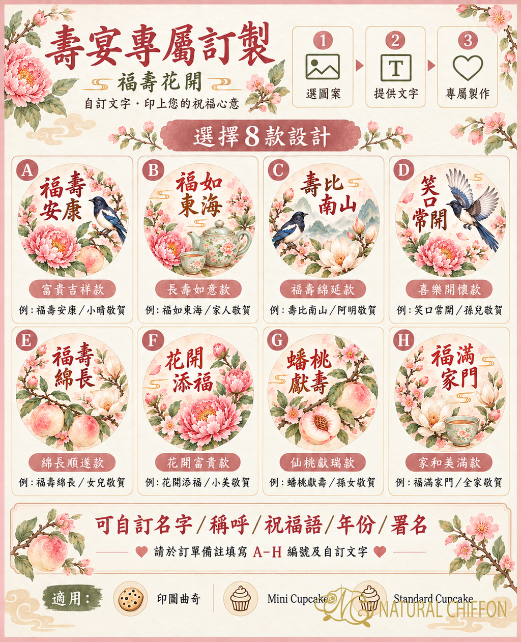 福壽花開｜A 至 H 八款可改文字詳細選款圖