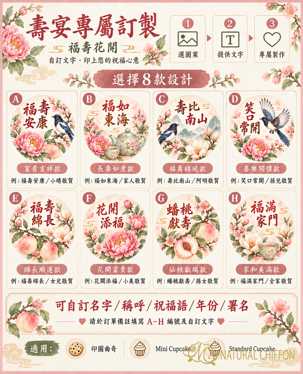 福壽花開｜A 至 H 八款可改文字詳細選款圖