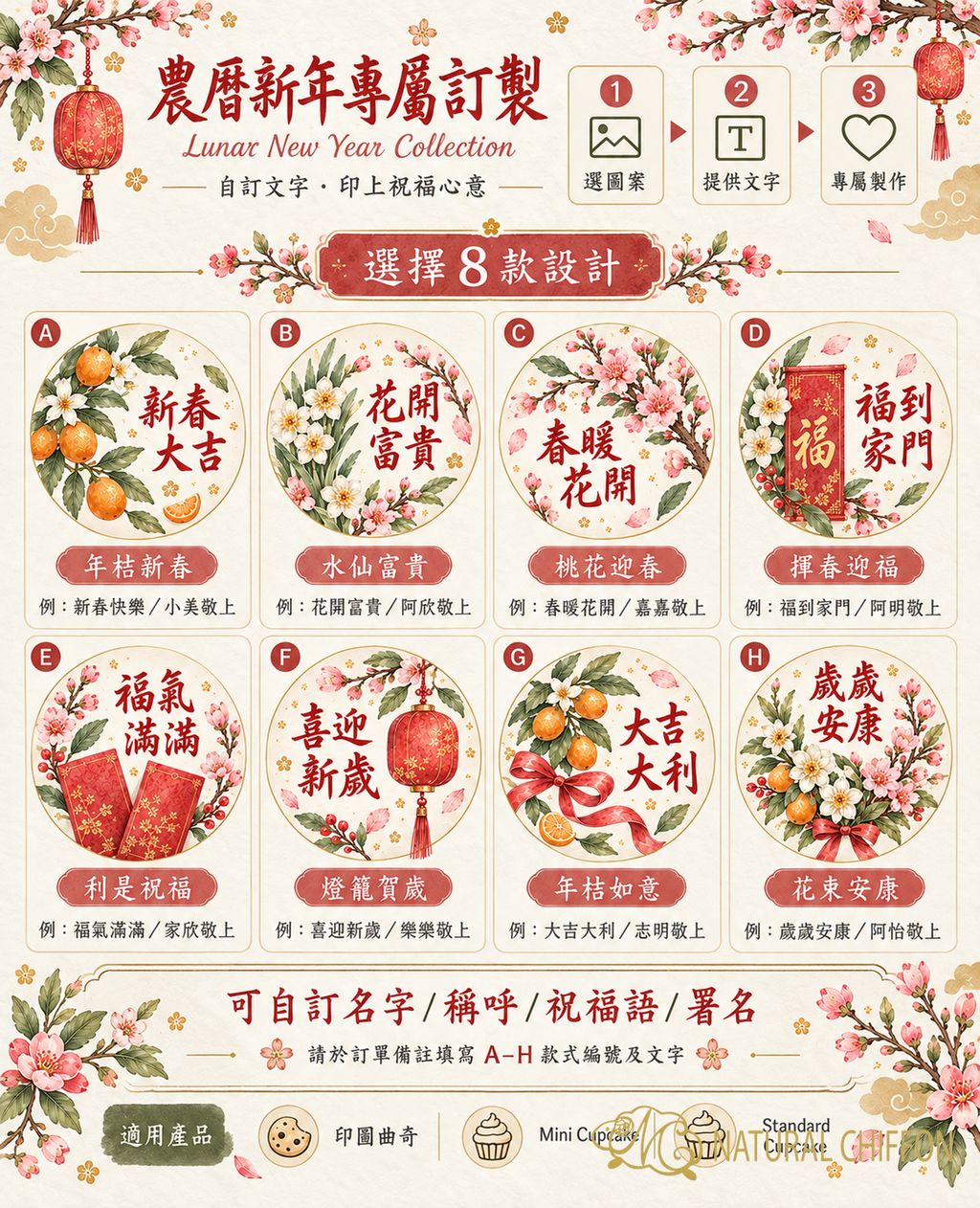 花開迎福｜A 至 H 八款可改文字詳細選款圖