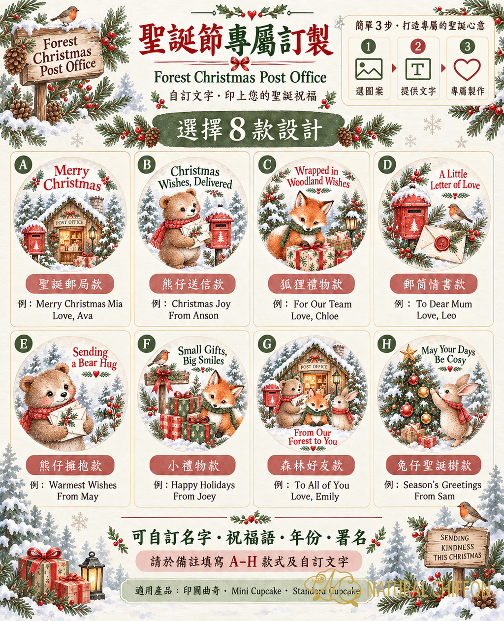 Forest Christmas Post Office｜A 至 H 八款可改文字詳細選款圖
