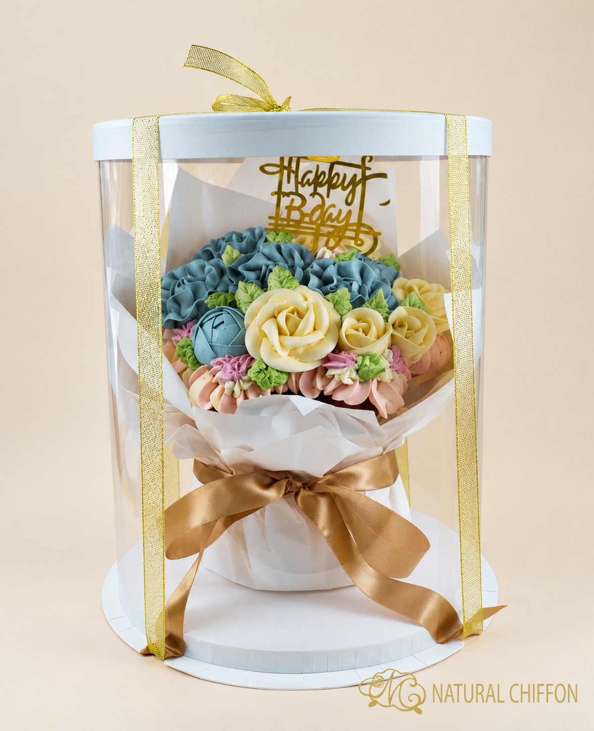 牡丹玫瑰 Cupcake花束｜淺藍色｜7件裝